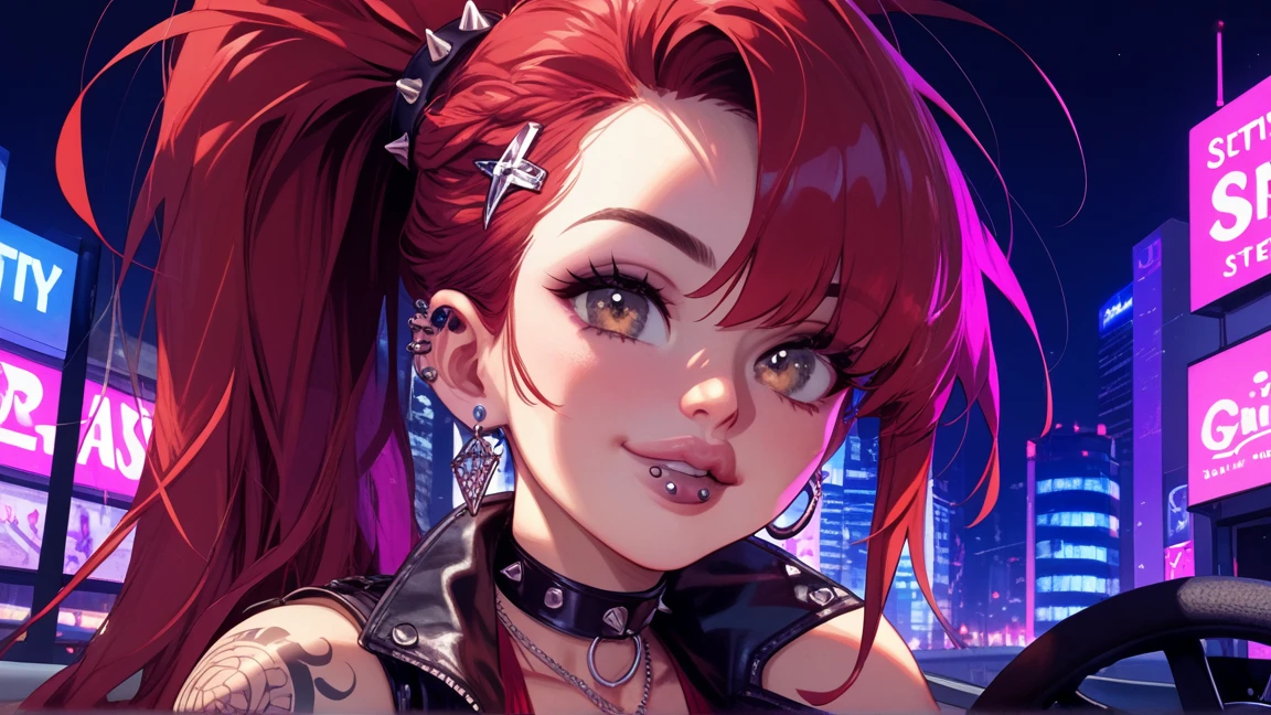 90's dark anime punk girl An urban city in the background illuminates her. She wears a leather vest over a red tank top and a choker necklace. She leans against a cyber motorcycle and a cheeky smile. There is an overall purple bluish tint to the scene and is zoomed out to show her and the city backdrop. she has very long bright red hair in a wild jagged fluffy ponytail. light brown eyes and tattoos on arms and a bottom lip piercing. small breasts and the camera is zoomed out.