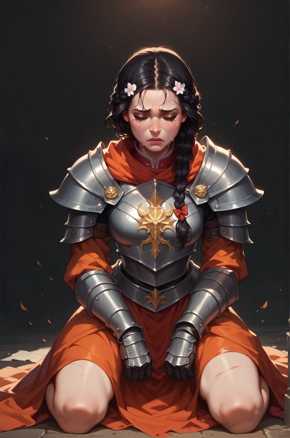 score_9, score_8_up, score_7_up, cartoon of a girl, solo, pale skin, eyes closed, black hair, braid hair, small breast, warrior woman kneeling on the desolate earth, intricate dark armor, crying, heavenly light on her, front view, dark background