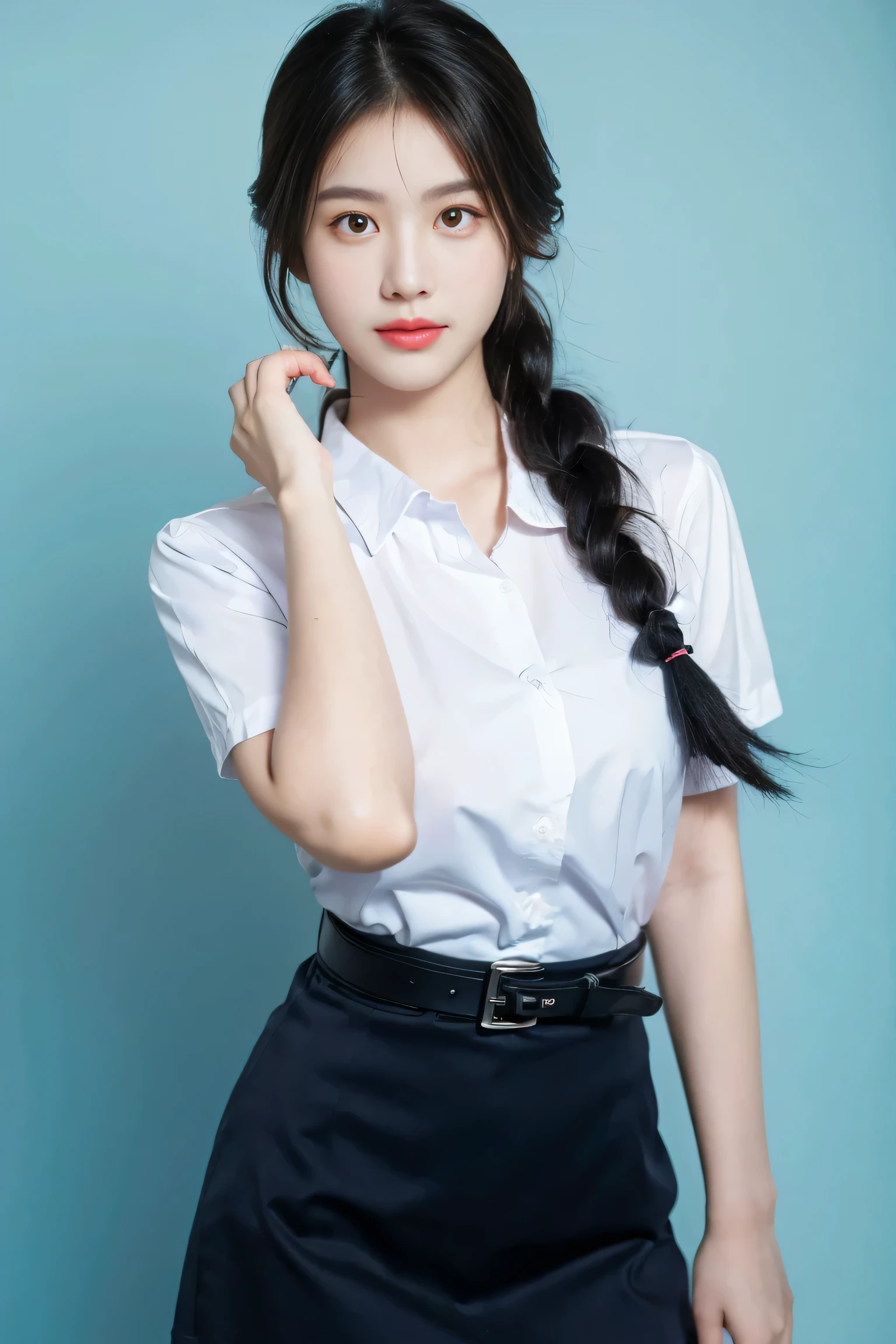 cute thai girl without bang, solo, dollies eye, long hair, blue skirt, white shirt,black hair, ribbon, braid hair, belt, right hand, left hand, photo background ,high_resolution ,excellent, performance and top quality, hyper_detail ,8k,Realism, large breasts