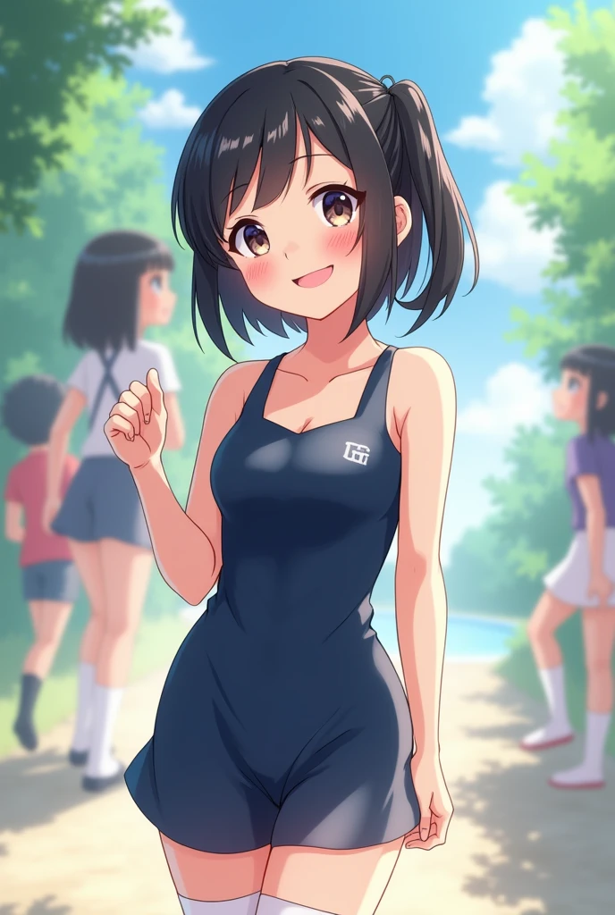 Animation,flat 2d,Fullbody,Detailed face,(game cg,BISHOP),Solo,messy short cut black hair,highschool boy,(sunburned skin),oiled skin,outdoor,famous square,crowded,(green camisole:1.2),black miniskirt,(embarrassed expression:1.2),,Looking at viewer,(flat chest:1.3),standing,(he is waiting viewer:1.3)