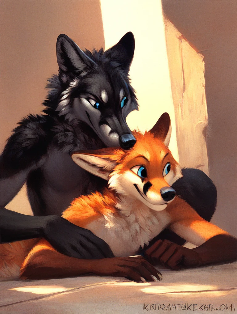 score_9, score_8_up, score_7_up, source_furry, rating_safe, by kenket, anthro, duo, male/male, wolf, black body, blue eyes, fox, orange body, doggy style, on belly, holding hips, legs, disappointment, amusement, fullbody portrait, strong
