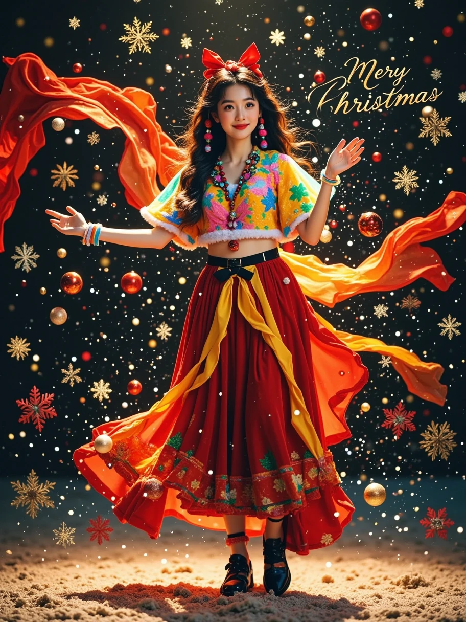 dunhuang,A woman is wearing a colorful outfit. She is dancing with her arms outstretched. There are red and orange fabric flying around her. The woman has dark colored hair,masterpiece,best quality,(8k, RAW photo, best quality, masterpiece:1.2),(realistic, photo-realistic:1.37),stunning 8k fashion photo,