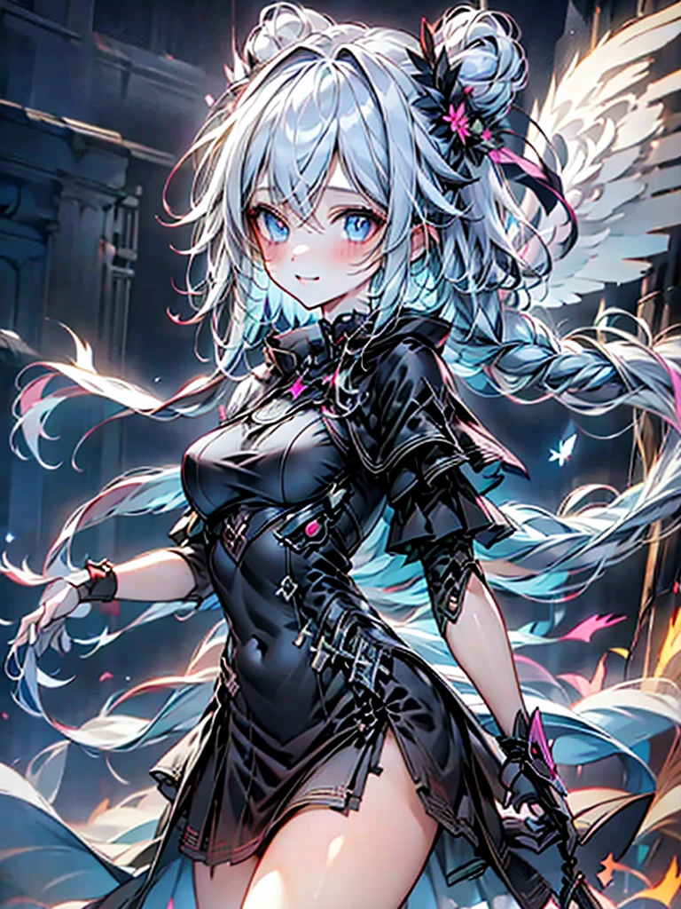  best detail、Alone,1 Female\(grim Reaper,cute,Cute,, hair color is white ,  hair with braids, messy hair,Eye color is dark, big eyes, white skin, big smile,enjoy, full body ,grim Reaperの黒いローブを着て,( black hood ), has a scythe,skip, flower hair ornament with bun head ,White Hair,(Body transparent:0.8)\),background\((Black Sky:1.5), dead flowers scattered on the ground ,Red water\), break ,quality\(8k,極めて詳細なCGユニットのwallpaper, ​masterpiece, High Definition ,top-quality,top-quality real texture skin, surrealistic, increase resolution , RAW photo,最高のquality, very detailed,wallpaper\), from behind 、