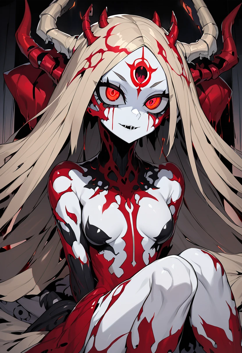 Eerily bloody tentacles are writhing. All of them are unpleasantly thick and long. A skinny evil monster girl with Shiny red eyes and Long white hair. She has Tiny breasts, Flat bust, Bleeding wounds, Flooring blood from eyes. She is dressed with Demonic costume and Glowing robe. She is starved.