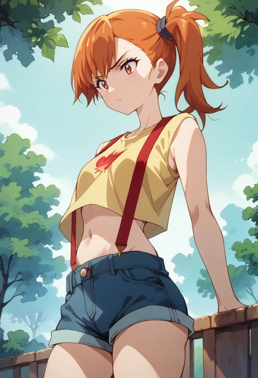 masterpiece, High Definition , top quality ,8k
(Misty,young,orange hair,side up ponytail)
(Yellow sleeveless t-shirt,Belly button exposed, denim hotpants that span a tree,Red suspenders)Glare