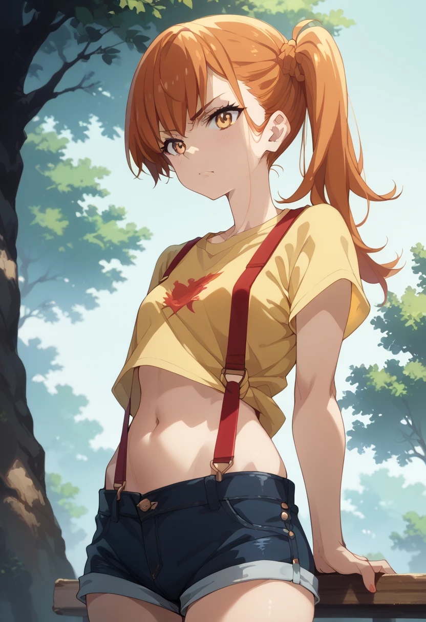 masterpiece, High Definition , top quality ,8k
(Misty,young,orange hair,side up ponytail)
(Yellow sleeveless t-shirt,Belly button exposed, denim hotpants that span a tree,Red suspenders)Glare