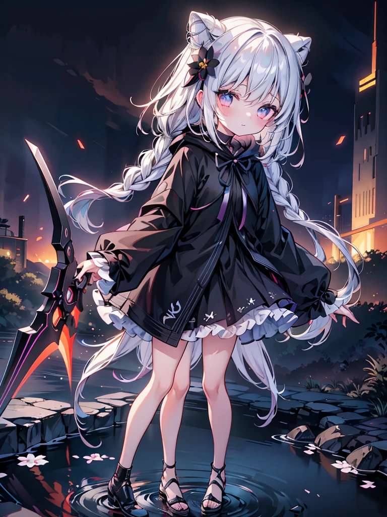  best detail、Alone,1 Female\(grim Reaper,cute,Cute,Age 10, hair color is white ,  hair with braids, messy hair,Eye color is dark, big eyes, white skin, big smile,enjoy, full body ,grim Reaperの黒いローブを着て,( black hood ), has a scythe,skip, flower hair ornament with bun head ,White Hair,(Body transparent:0.8)\),background\((Black Sky:1.5), dead flowers scattered on the ground ,Red water\), break ,quality\(8k,極めて詳細なCGユニットのwallpaper, ​masterpiece, High Definition ,top-quality,top-quality real texture skin, surrealistic, increase resolution , RAW photo,最高のquality, very detailed,wallpaper\), from behind 、