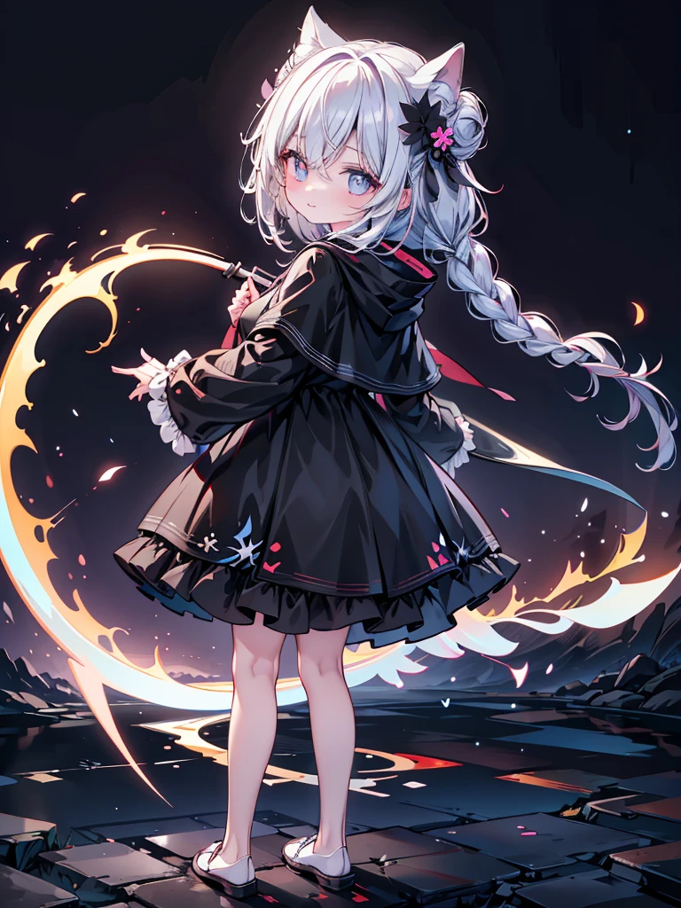  best detail、Alone,1 Female\(grim Reaper,cute,Cute,, hair color is white ,  hair with braids, messy hair,Eye color is dark, big eyes, white skin, big smile,enjoy, full body ,grim Reaperの黒いローブを着て,( black hood ), has a scythe,skip, flower hair ornament with bun head ,White Hair,(Body transparent:0.8)\),background\((Black Sky:1.5), dead flowers scattered on the ground ,Red water\), break ,quality\(8k,極めて詳細なCGユニットのwallpaper, ​masterpiece, High Definition ,top-quality,top-quality real texture skin, surrealistic, increase resolution , RAW photo,最高のquality, very detailed,wallpaper\), from behind 、