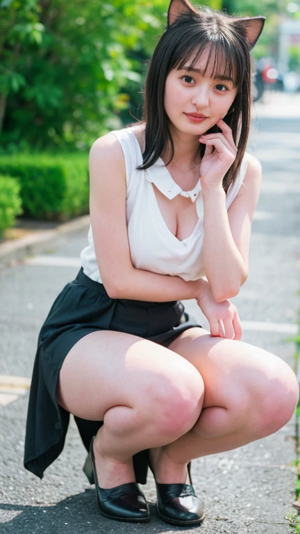 move the center of gravity backwards, put both hands in front of both feet, Place your feet in the circle of your hands, pretty embarrassing, No panties, thin legs, pleated skirt, 90 degree knees, put the heel on the ground, hands in front of feet, hug your legs, kneel down, sidewalk, RAW photo, 8K, highest quality, ultra high resolution, Beautiful face in every detail, ideal skin, gentle expression, Front view, angle from below, short hair, realistic, cute, short skirt, Crouch deep in the city, cute顔 , (日本の制服を着た超realistic女子高生), whole body,big breasts,big breasts,(beautiful and detailed eyes),(loafers),(black very transparent stockings),(pantyhose),smile, mini skirt, shirt, ボタンが開いたshirt, black skirt, collared shirt,透けた白shirt,tie,ribbon,bangs