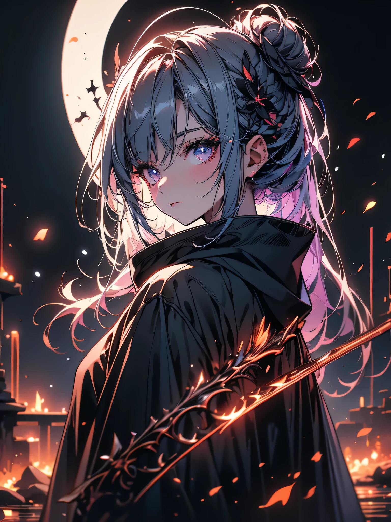  best detail、alone,1 Female\(grim Reaper,cute,Cute,age 10, hair color is white ,  hair with braids, messy hair,Eye color is dark, big eyes, white skin, big smile,enjoy, full body ,Wearing the grim Reaper's black robe,( black hood ), has a scythe,skip, flower hair ornament with bun head ,White Hair,(Body transparent:0.8)\),background\((Black Sky:1.5), dead flowers scattered on the ground ,Red water\), break ,quality\(8k,extremely detailed CG unit wallpaper, ​masterpiece, High Definition ,top-quality,top-quality real texture skin, surrealistic, increase resolution , RAW photo, best quality , very detailed,wallpaper\), from behind 、