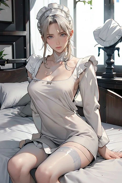 top-quality、Full limbs、complete fingers、(1 beautiful slender woman:1.5),(ideal ratio body proportions:1.5), beautiful detailed face, perfect feminine face,Small and beautiful eyes,Droopy eyes, gray eyes,sweat、Slender beauty、straight haired、silver hair、(german maid uniform:1.8 )、(coverd nipples:0.5)、(very skinny beauty:1.5)、cleavage、 White pantyhose、used condom、vulgarity、spoken heart、(tan:1.5)、(show off armpit:-0.0), (sitting on the husband's bed:1.8),(1 husband:1.5),