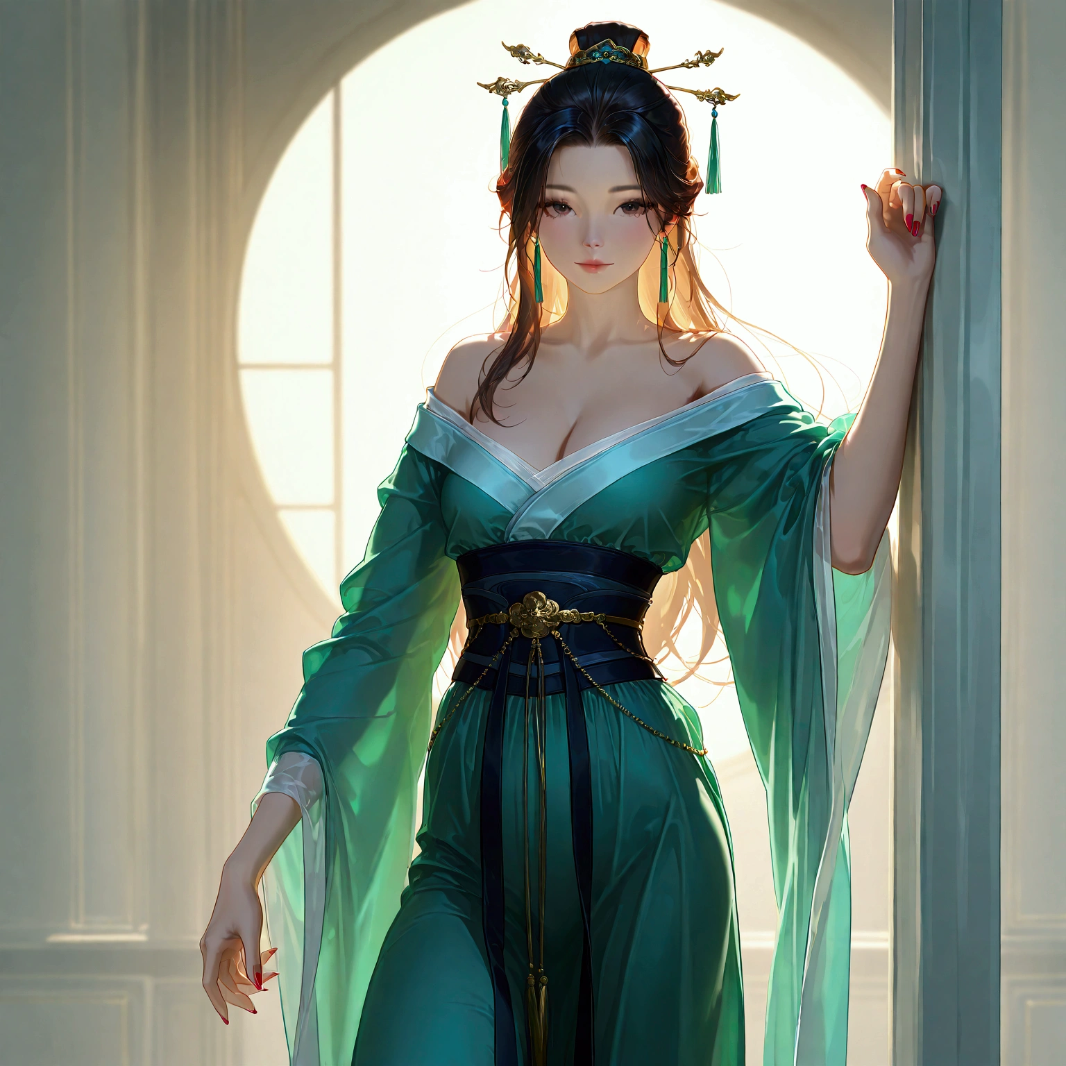 gufeng, guofeng, chinese clothes, hanfu, 1girl, solo, 
realistic, nail polish, standing, from viewer,  cowboy shot, 
masterpiece, best quality, realistic, 8k, official art, cinematic light, ultra high res, perfect female body, sharp focus, 
HDR, 8k, amazing quality, very aesthetic, absurdres, newest, (volumetric lighting), photorealistic, photo background, detailed skin, detailed eyes, detailed hair, fantasy,