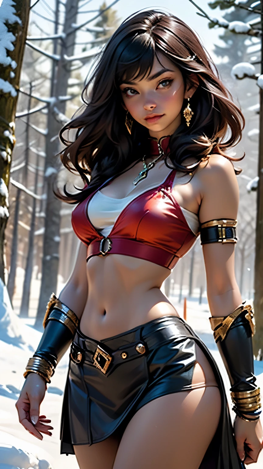 ((((Xena The Warrior Princess)))),barbarian girl,1girl,
(large breasts:1.4),((((long brown hair, layered cut,bangs)))),(((blue_eyes:1.3))),intricate eyes,beautiful detailed eyes,symmetrical eyes,((((lustrous skin:1.5,tanned skin,bright skin: 1.5,skin tanned,shiny skin,very shiny skin,shiny body,Reflective skin)))),(spider lower abdomen,narrow waist,wide hip,athletic body,inflated legs,thick thighs,(detailed face)),beautiful detailed lips,Muscles,(Muscles: 1.2), ((strong and healthy body)), ((((more) Muscles))),
cute,slutty,sensual,seductive look,seductive,((erotic)),opulent,sumptuous,((nsfw)),
clothing with a warrior, Greek and Amazonian style, timeless and with a feminine touch, ((leather bodice that covers her chest and abdomen, adorned with metallic details and embroidery)), ((Xena's skirt is very short and fluid, skirt leather with side slits)),Xena wears metal bracelets,A wide leather belt,Xena wears a necklace with an amulet that protects her from evil,((leather bralette that exposes her abdomen)),((cleavage)),
(flirtatious pose:1.3), looking at viewer,embarrassed,centered,scale to fit dimensions,Rule of thirds,
((snowy barbarian palace)),winter,scenery:1.25,((intricate scenery)),((snow forest background)),snow everywhere,(,snowy barbarian palace background,snowy pyramids in the background),extremely scenery,(puddles everywhere),clouds,barbarian style,barbarian castle,(sunset, golden hour),
(Glossy barbarian ornaments),highres,sharp focus,(ultra detailed,extremely detailed),(photorealistic artwork:1.37),(extremely detailed CG unity 8k wallpaper),(((vibrant colors,vibrant theme))),(intricate),(masterpiece),(best quality),artistic photography,(photography taken by sldr),(intricate background),perfect rendered face,perfect face details,realistic face,photo realistic,((intricate detail)),(((realism))),