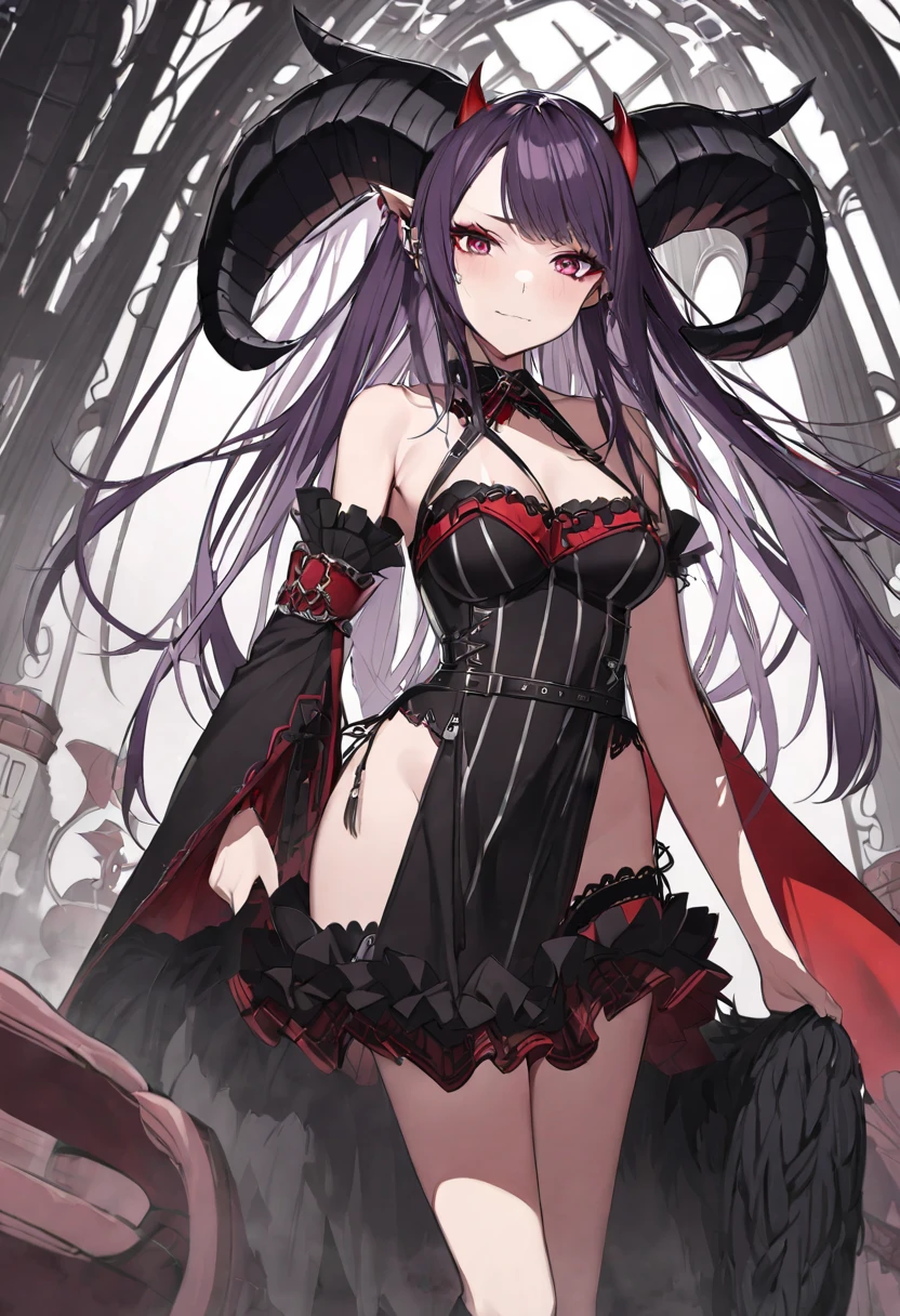 Long hair, 1girll, Black hair, Magenta hair, Solo, (((Open eyes))), Blindfolds, Head wings, hair adornments, Blunt bangs,((((Light magenta nightdress)))),facingviewer, bow, Smile, Focus, Depth of field, ((((Facial features of India Easley))),(((Neon pink eyes)))，(((Spooky Grin)))，((((Black lace suspenders))))，((((clogs))))，((((Giant breasts)))),((((gothic castle))))