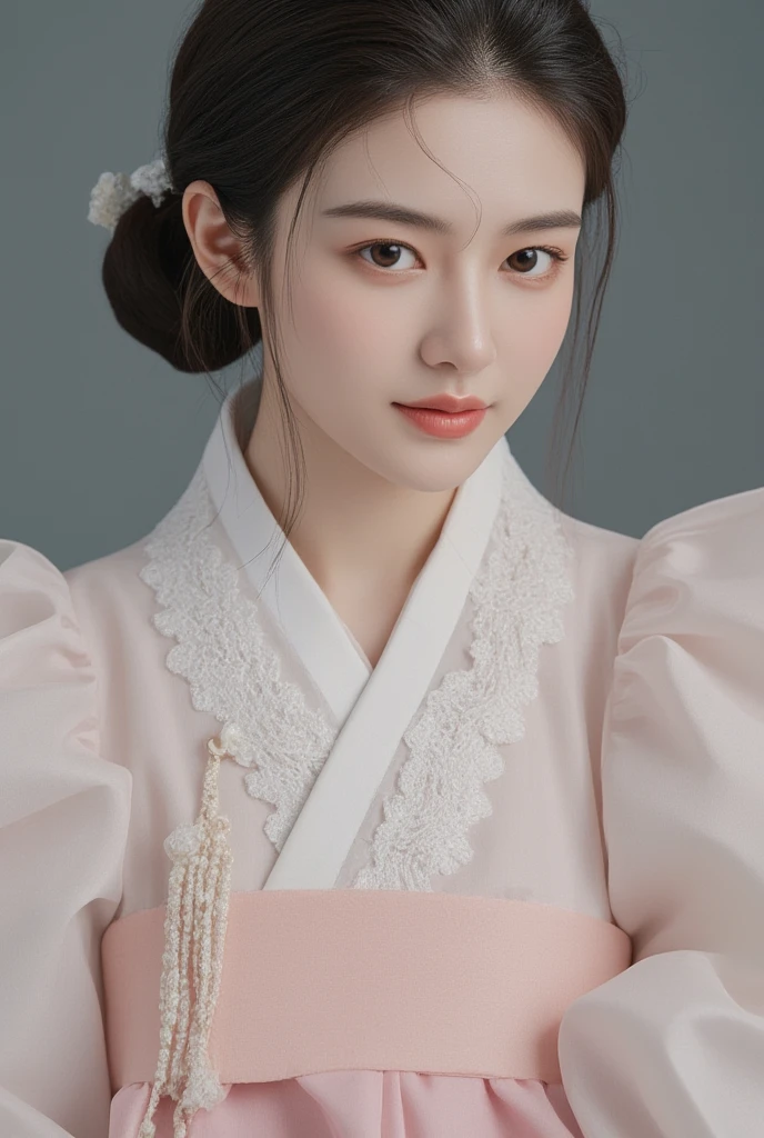 1 woman,Alone, Korea Joseon Dynasty Neat Hairstyle,Tailor-made stylish hanbok , realistic,lips,parted lips, Cowboy shot ,winter,afternoon, Blurry Background ,Zitome,Exquisite Korean Joseon Dynasty Background ,