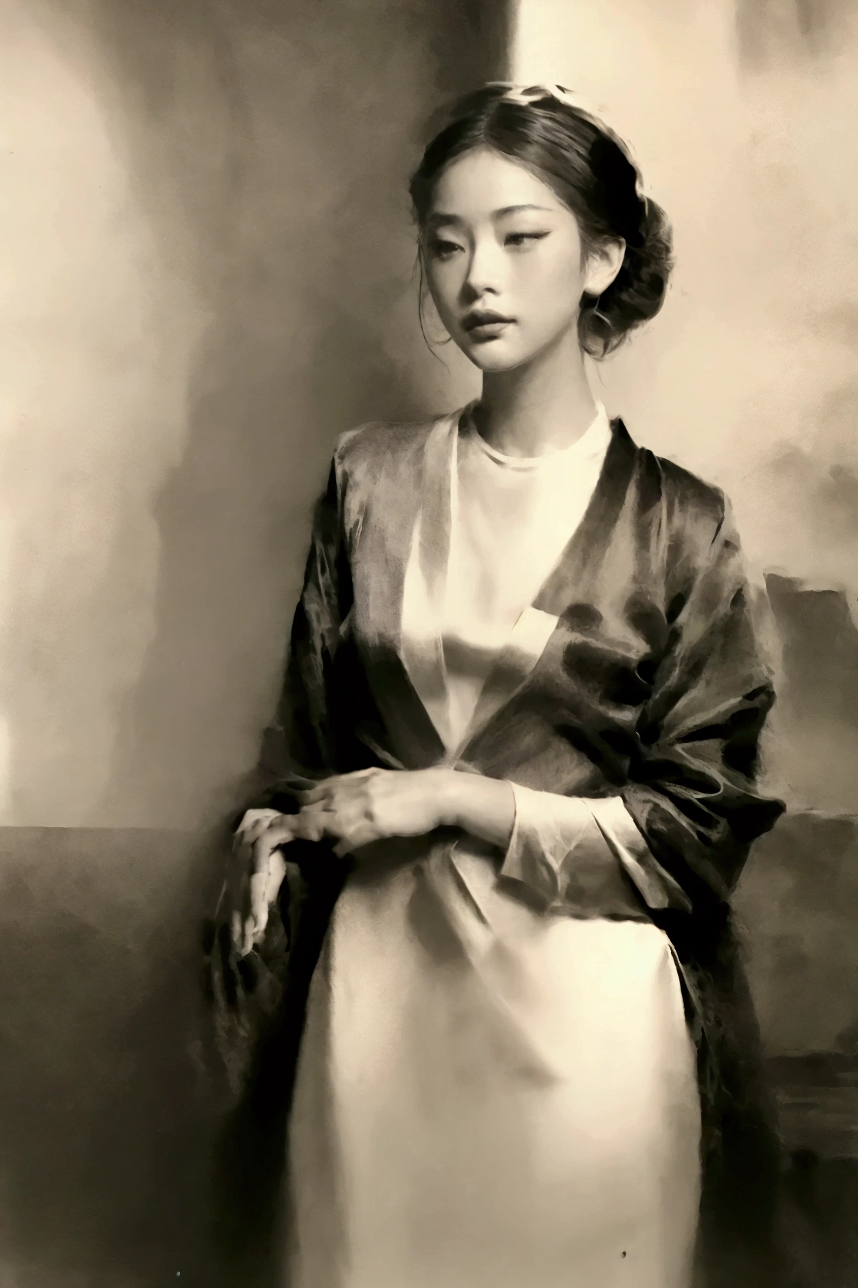 chiaroscuro technique on sensual illustration of an elegant asian lady, A vibrant fashion collective, combining aesthetics with sustainable materials, , vintage , matte eerie, silky matte painting, by Hannah Dale,  extremely soft colors, vibrant, highly detailed, digital artwork, high contrast, dramatic, refined, tonal, Focus on touch, connection, and relaxation