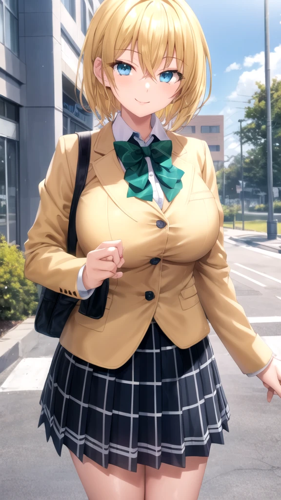 masterpiece, best quality, high quality, girl, solo, looking at viewer, yuuto_kiba, blonde hair, blue eyes, hair between eyes, large breasts, school uniform, green bowtie, blazer, yellow jacket, long sleeves, plaid skirt, green skirt, standing, cowboy shot, outdoors, smile,