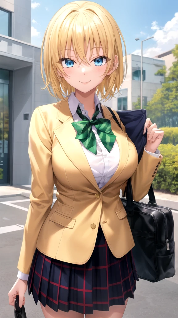 masterpiece, best quality, high quality, girl, solo, looking at viewer, yuuto_kiba, blonde hair, blue eyes, hair between eyes, large breasts, school uniform, green bowtie, blazer, yellow jacket, long sleeves, plaid skirt, green skirt, standing, cowboy shot, outdoors, smile,