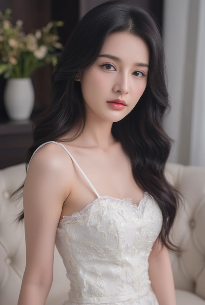 Thai Korean stepdaughter, : 22 years old, with bright white skin, beautiful slender face, sharp eyes like the moon in the night, long black hair, but airy, tall, slender waist. 