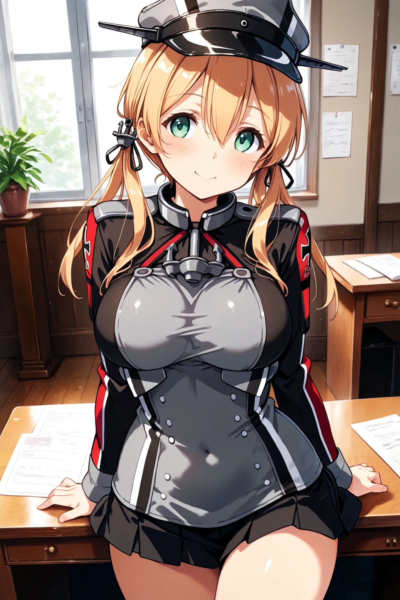 ,score_9, score_8_up, score_7_up, score_6_up, score_5_up, score_4_up、curvy,,prinz eugen (kancolle),green eyes,, blonde hair,,indoor,peaked hat ,smile,desk