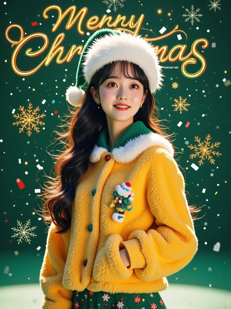  A character wearing a plush outfit made of yellow and green， The overall color scheme is a low-saturation color between yellow and green， She is wearing a white and green Christmas hat， Warm tone atmosphere and bright light，A fantasy wonderland，lively，Pleasure， Temperament， Romantic and beautiful， And the brim of the hat is furry， The character's hair is black and long curly， There is a text "MERRY CHRISTMAS" in the upper left corner， Subtitle "PHOTO/RECORD/2025”， Small English letters at the bottom of the picture， Movie poster poster design text information description layout，Abstract Art，A sense of haze，Blur blur， minimalism，Mystery，A sense of haze，Lots of white space，Half-length close-up，Overexposure，Blurred exposure，Light and Shadow Art，Oriental Aesthetics，Neutral gray， High-grade gray atmosphere， Surrealism ，Real person portrait， The background uses dynamic blur， Motion blur effect， magazine cover，Professional Model， Fashion Trends ， green background ， minimalism风格， Simple and clean