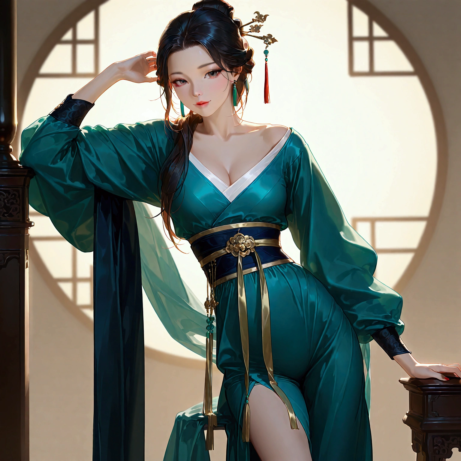 gufeng, guofeng, chinese clothes, hanfu, 1girl, solo, 
realistic, nail polish, standing, from viewer,  cowboy shot, 
masterpiece, best quality, realistic, 8k, official art, cinematic light, ultra high res, perfect female body, sharp focus, 
HDR, 8k, amazing quality, very aesthetic, absurdres, newest, (volumetric lighting), photorealistic, photo background, detailed skin, detailed eyes, detailed hair, fantasy,