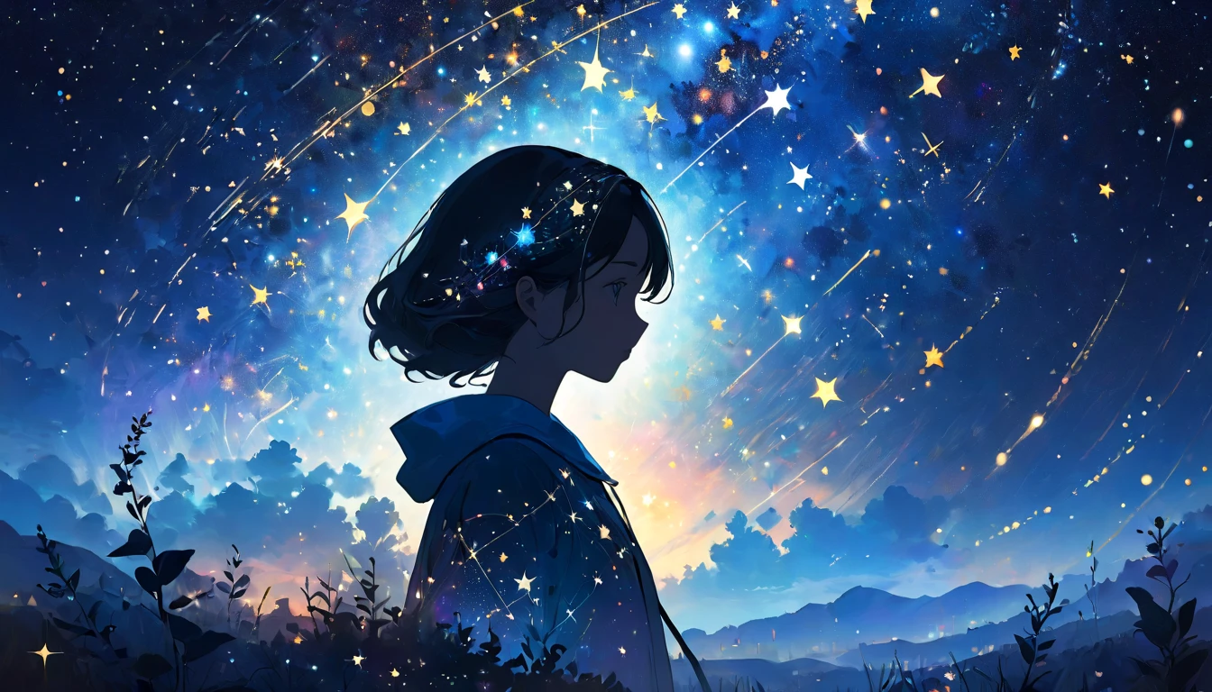 "A young person's silhouette filled with a cosmic landscape, stars, and constellations, representing the pursuit of knowledge and infinite exploration"