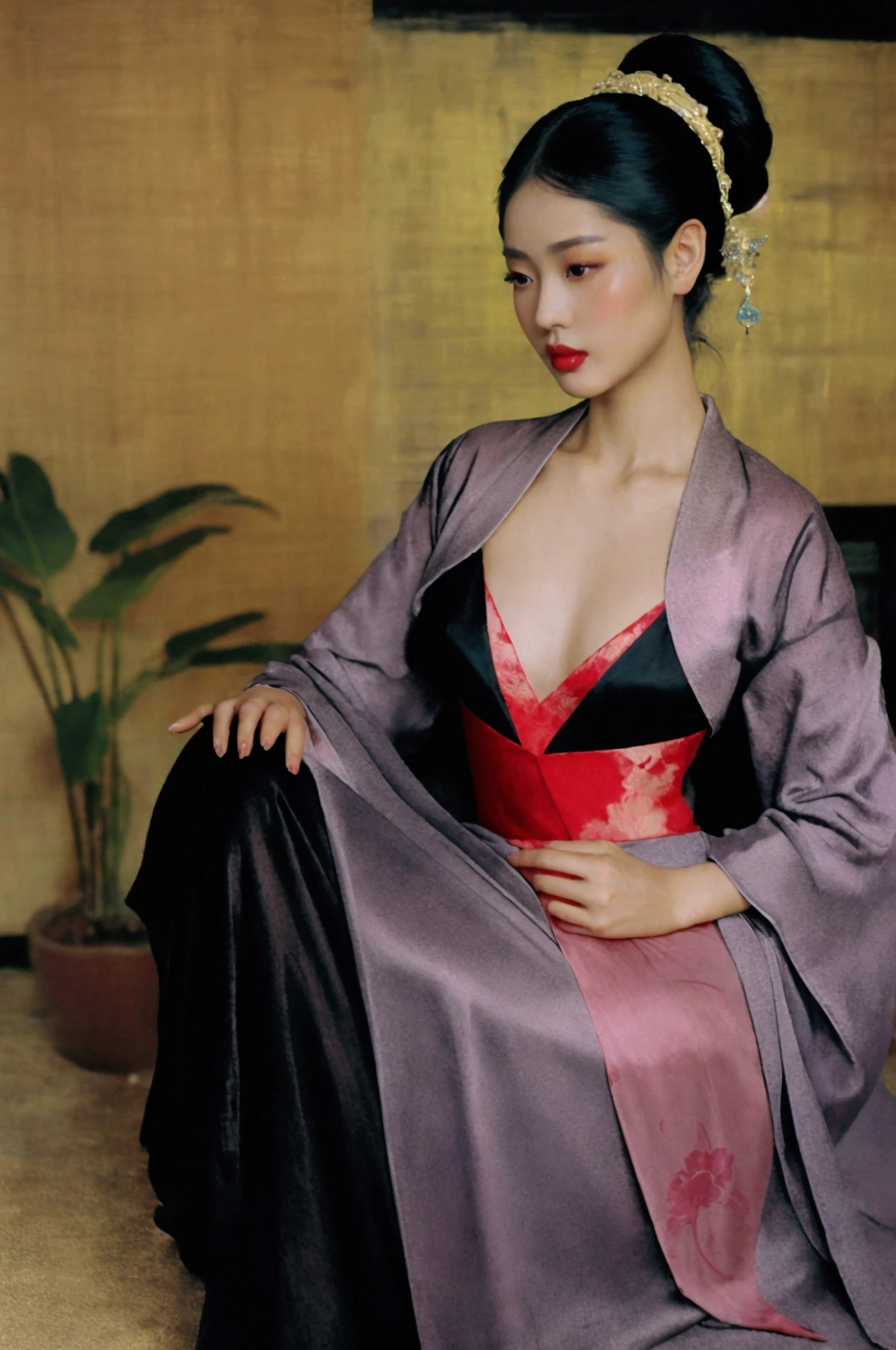 chiaroscuro technique on sensual illustration of an elegant asian lady, A vibrant fashion collective, combining aesthetics with sustainable materials, , vintage , matte eerie, silky matte painting, by Hannah Dale, extremely soft colors, vibrant, highly detailed, digital artwork, high contrast, dramatic, refined, tonal, Focus on touch, connection, and relaxation