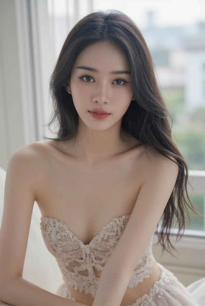 Thai Korean stepdaughter, : 22 years old, with bright white skin, beautiful slender face, sharp eyes like the moon in the night, long black hair, but airy, tall, slender waist. 