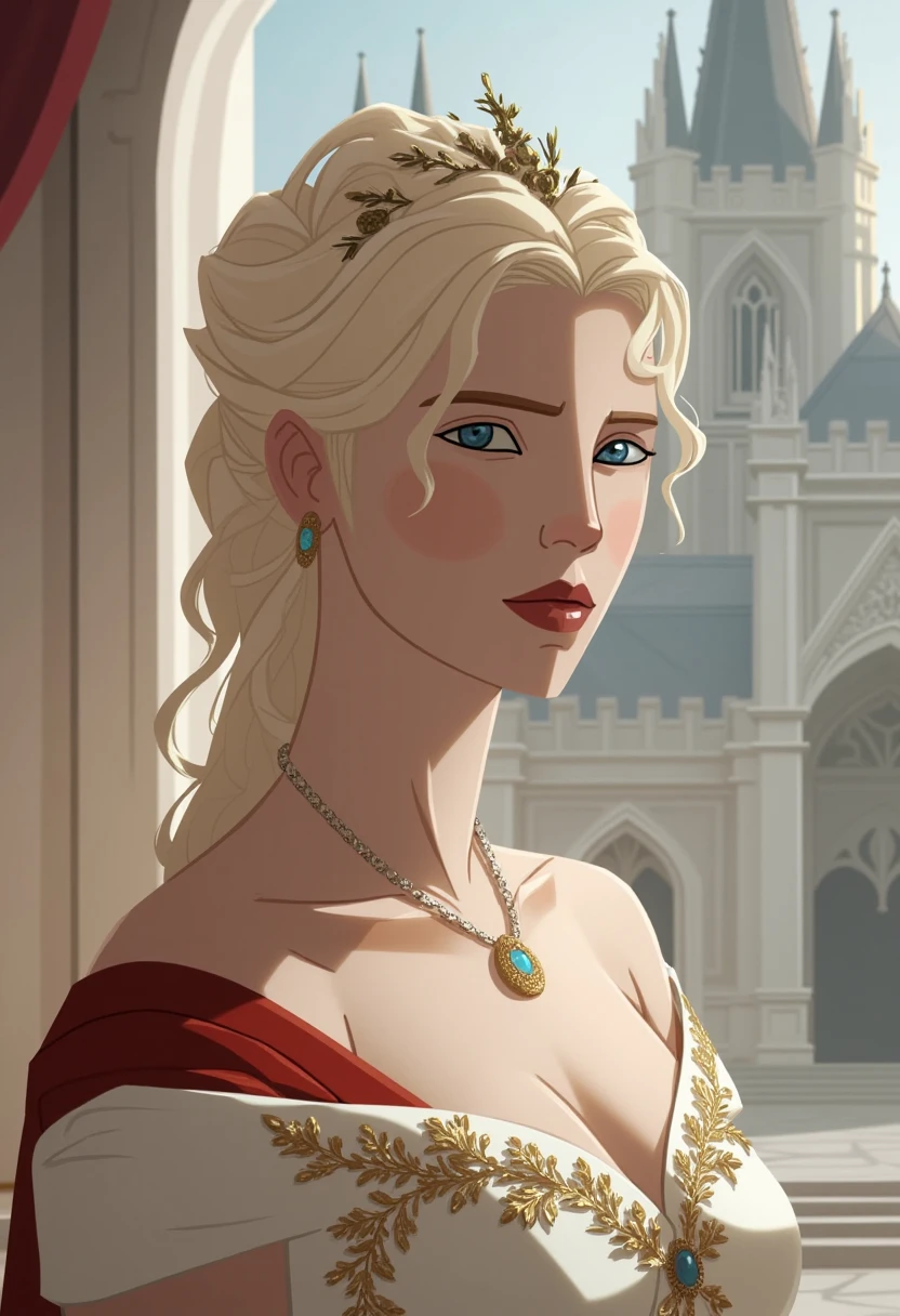 19th century, empress, woman, delicate face, pale blonde hair, blue eyes, in a white royal dress with open shoulders, gold patterns on fabric, crystal jewelry, with a scarlet ribbon over the shoulder with the regalia of the monarch, Gothic castle made of white stone on the background, light, day, hd