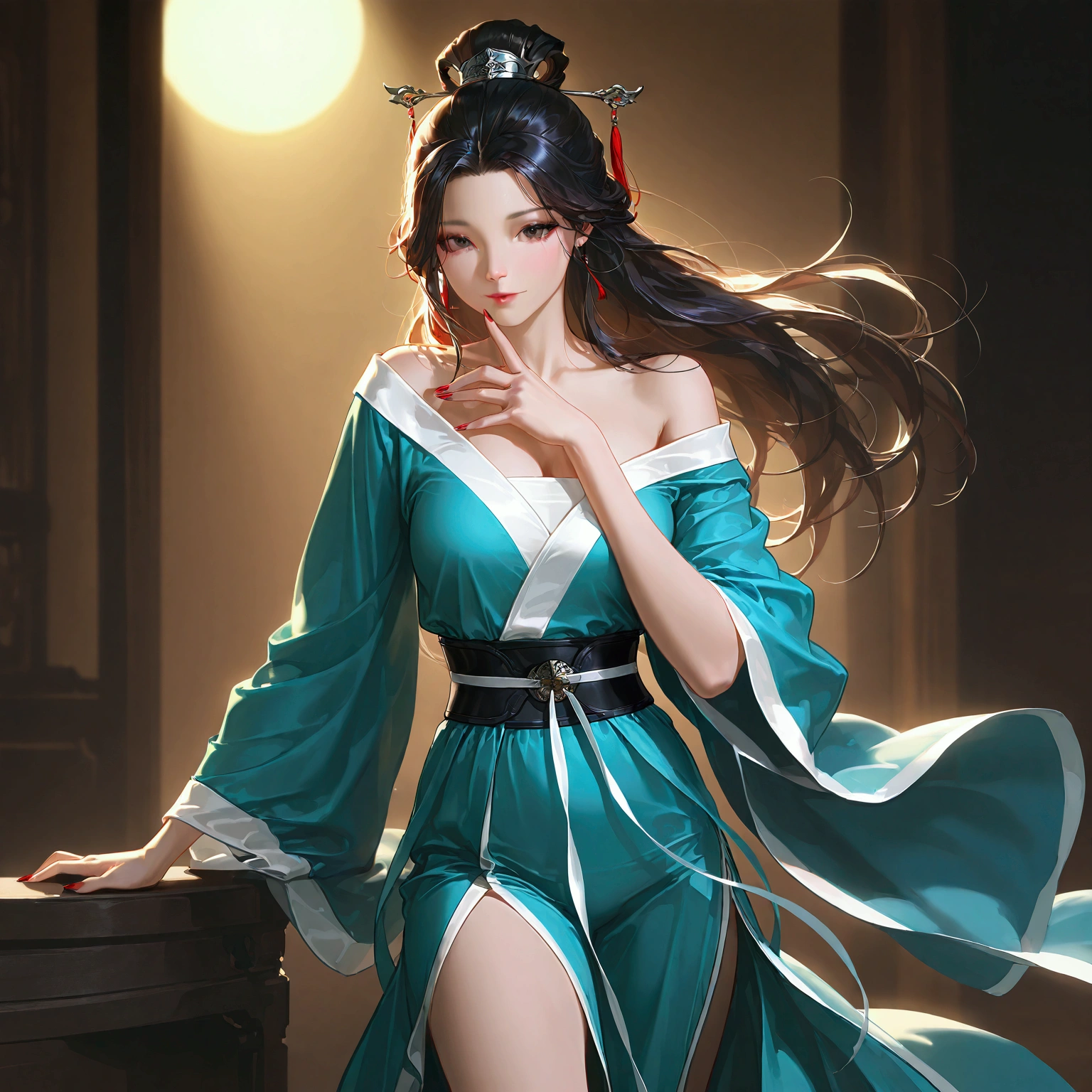 gufeng, guofeng, chinese clothes, hanfu, 1girl, solo, nail polish, from viewer,  cowboy shot, 
masterpiece, best quality, realistic, 8k, official art, cinematic light, ultra high res, perfect female body, sharp focus, 
HDR, 8k, amazing quality, very aesthetic, absurdres, newest, (volumetric lighting), photorealistic, photo background, detailed skin, detailed eyes, detailed hair, fantasy,