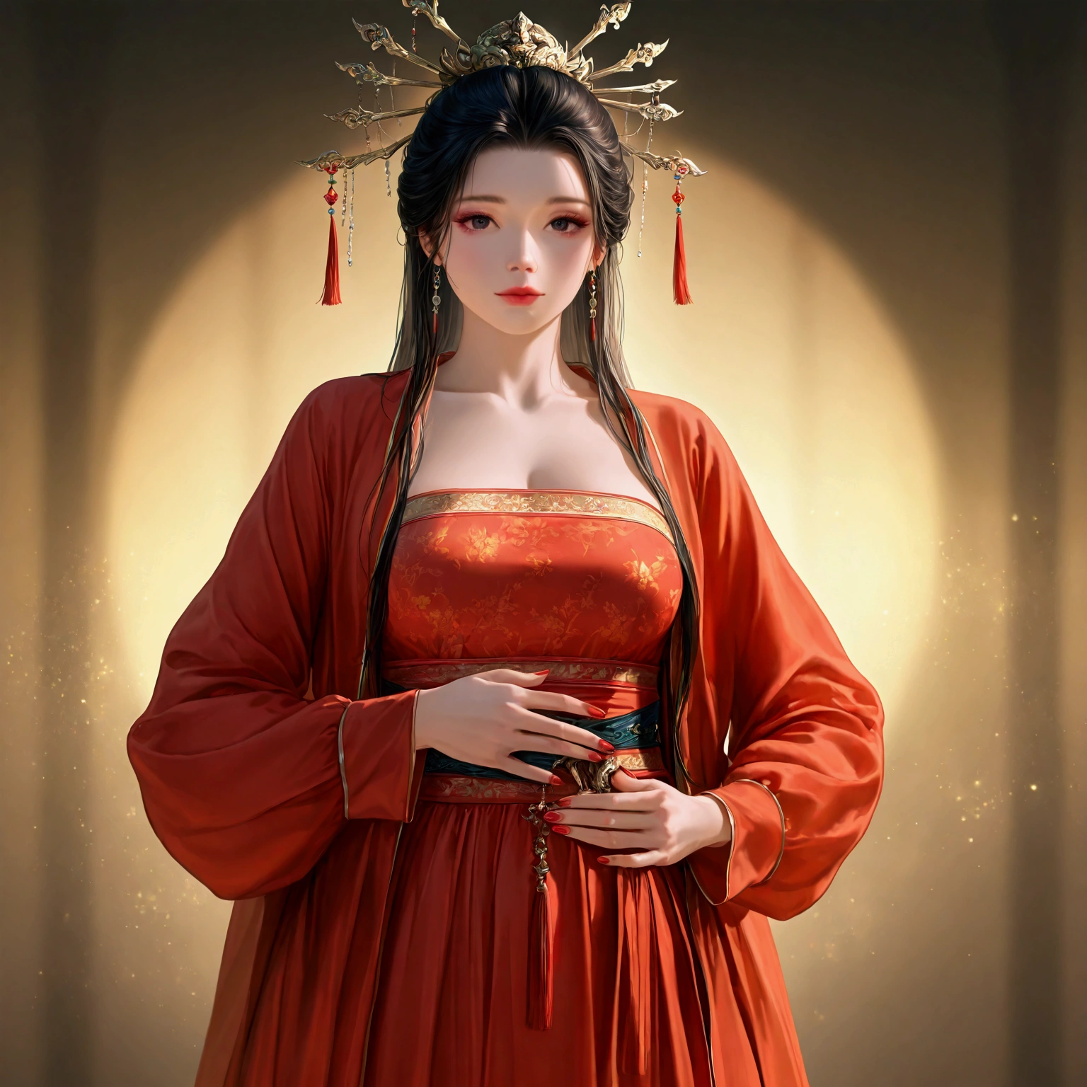 gufeng, guofeng, chinese clothes, hanfu, 1girl, solo, nail polish, from viewer,  cowboy shot, 
masterpiece, best quality, realistic, 8k, official art, cinematic light, ultra high res, perfect female body, sharp focus, 
HDR, 8k, amazing quality, very aesthetic, absurdres, newest, (volumetric lighting), photorealistic, photo background, detailed skin, detailed eyes, detailed hair, fantasy,