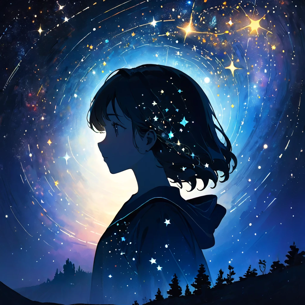 "A young person's silhouette filled with a cosmic landscape, stars, and constellations, representing the pursuit of knowledge and infinite exploration"