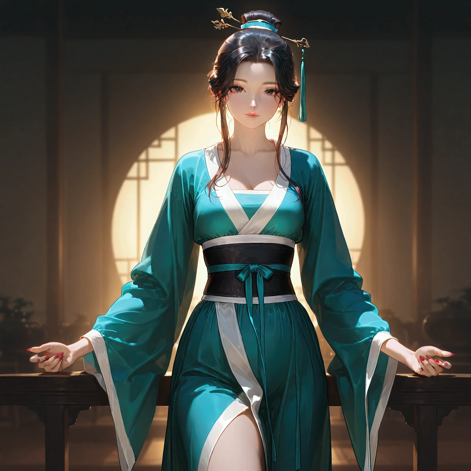 gufeng, guofeng, chinese clothes, hanfu, 1girl, solo, nail polish, from viewer,  cowboy shot, 
masterpiece, best quality, realistic, 8k, official art, cinematic light, ultra high res, perfect female body, sharp focus, 
HDR, 8k, amazing quality, very aesthetic, absurdres, newest, (volumetric lighting), photorealistic, photo background, detailed skin, detailed eyes, detailed hair, fantasy,