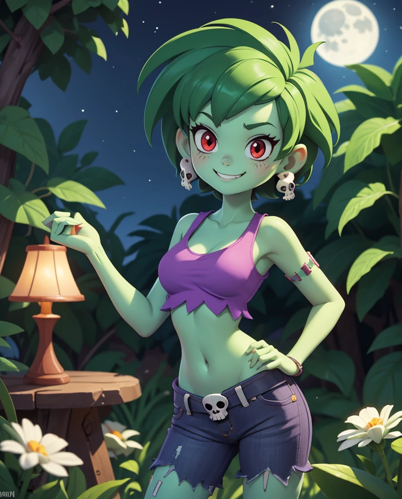 ((rottytops)), ((masterpiece)), ((high resolution)), ((cartoon style)), ((solo portrait)), {(attractive figure), (toned body), (eccentuated curves), (green skin), (green hair), (red eyes), (white reflection in eyes), (short eyelashes), (smug grin)}, {(purple tank top), (midriff), (navel), (blue jean shorts), (exposed pockets), (skull earrings), (skull belt)}, {(standing), (looking at viewer)}, ((forest)), ((nighttime)), ((moonlight))