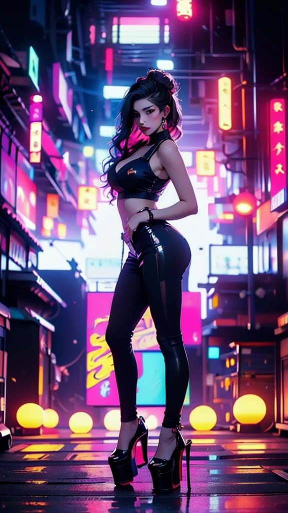 A full body satisfying 8k high quality image of the most extremely insanely gorgeous mexican woman bombshell with a perfect hourglass figure body,extra wide hips,deep cleavage,huge butt cheeks,perfect stomach,platform pumps,standing in front of a 1999 Nissan Nismo Skyline GT-R R34,lofi anime,vaporwave art style,full body,