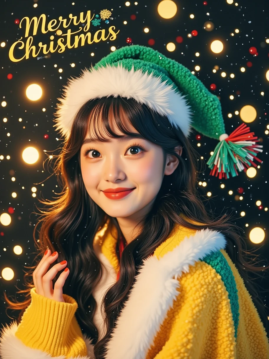  A character wearing a plush outfit made of yellow and green， The overall color scheme is a low-saturation color between yellow and green， She is wearing a white and green Christmas hat， Warm tone atmosphere and bright light，A fantasy wonderland，lively，Pleasure， Temperament， Romantic and beautiful， And the brim of the hat is furry， The character's hair is black and long curly， There is a text "MERRY CHRISTMAS" in the upper left corner， Subtitle "PHOTO/RECORD/2025”， Small English letters at the bottom of the picture， Movie poster poster design text information description layout，Abstract Art，A sense of haze，Blur blur， minimalism，Mystery，A sense of haze，Lots of white space，Half-length close-up，Overexposure，Blurred exposure，Light and Shadow Art，Oriental Aesthetics，Neutral gray， High-grade gray atmosphere， Surrealism ，Real person portrait， The background uses dynamic blur， Motion blur effect， magazine cover，Professional Model， Fashion Trends ， green background ， minimalism风格， Simple and clean