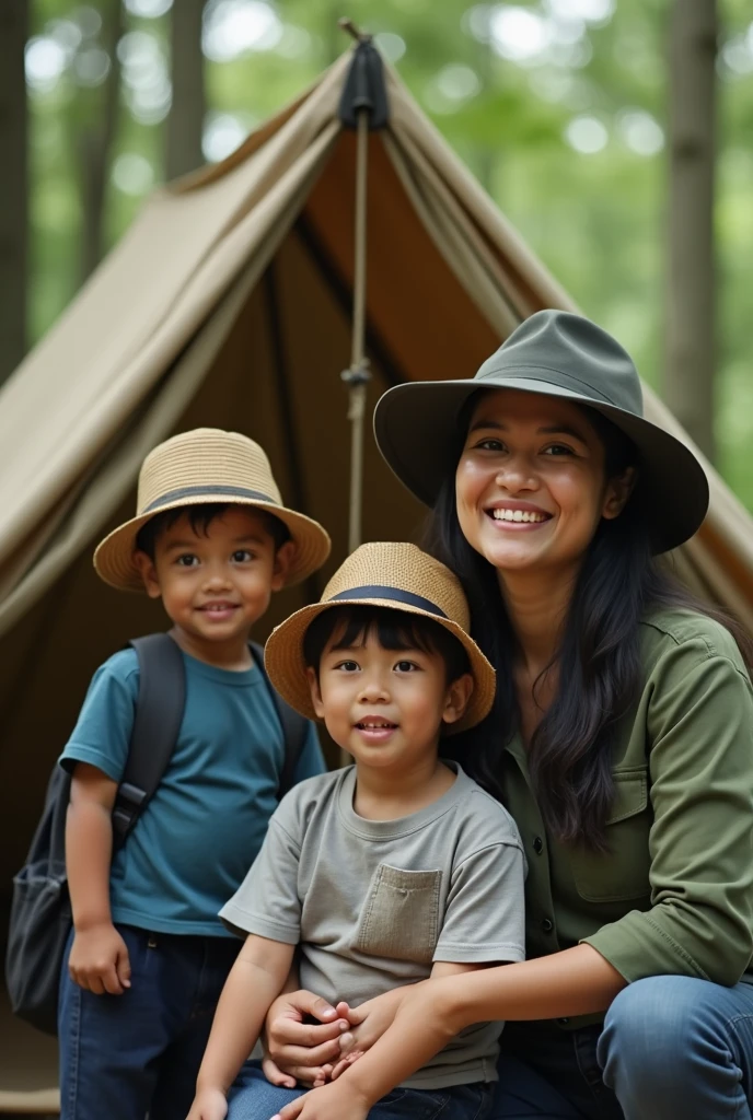 Portrait of a small Indonesian family,ayah memakai kemeja hijau wear a hat,black haired mother ,two daughters aged 7 and 3 years a hat,vacation in the forest,in front of the tent,Realistic 4K