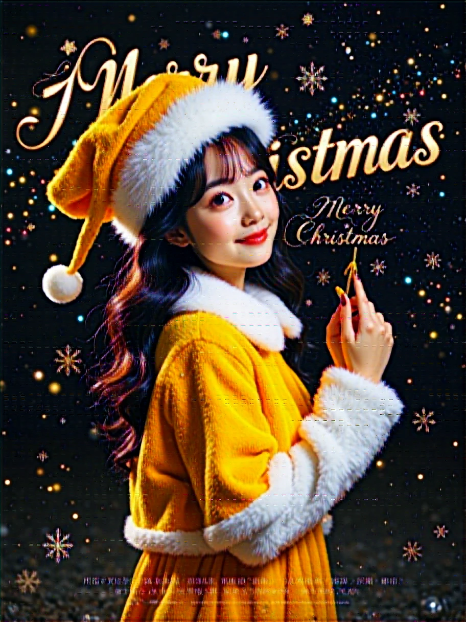  A person wearing a plush dress ， She wears a white and yellow Christmas hat，A fantasy wonderland， Romantic and beautiful， The color of the hat is the main ， And the brim of the hat is furry， The character's hair is black and long curly， There is a text "MERRY CHRISTMAS" in the upper left corner， and the subtitle says “PHOTO /RECORD/2025， Small English letters at the bottom of the picture， Movie poster poster design text information description layout，Abstract Art，A sense of haze，Blur blur， minimalism，Mystery，A sense of haze，Lots of white space，Half-length close-up，Overexposure，Blurred exposure，+Light and Shadow Art，Oriental Aesthetics，Particle light spot ，Neutral gray， High-grade gray atmosphere， Surrealism ，Real person portrait， The background uses dynamic blur， Motion blur effect， pure black background 