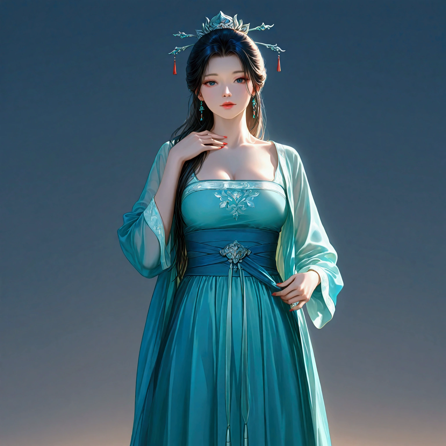 gufeng, guofeng, chinese clothes, hanfu, 1girl, solo, nail polish, from viewer,  cowboy shot, 
masterpiece, best quality, realistic, 8k, official art, cinematic light, ultra high res, perfect female body, sharp focus, 
HDR, 8k, amazing quality, very aesthetic, absurdres, newest, (volumetric lighting), photorealistic, photo background, detailed skin, detailed eyes, detailed hair, fantasy,