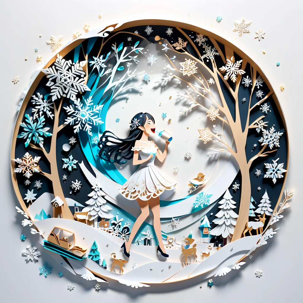 （hologram:1.5)， Beautiful Female Silhouettes， Snowflakes ，Ezoris、Snow Scene、Write about laughing while drinking ，White background，Paper Art，quilling Paper Art， zentangle, geometry， 3d rendering ，   CINEMATIC LIGHTING EFFECTS  