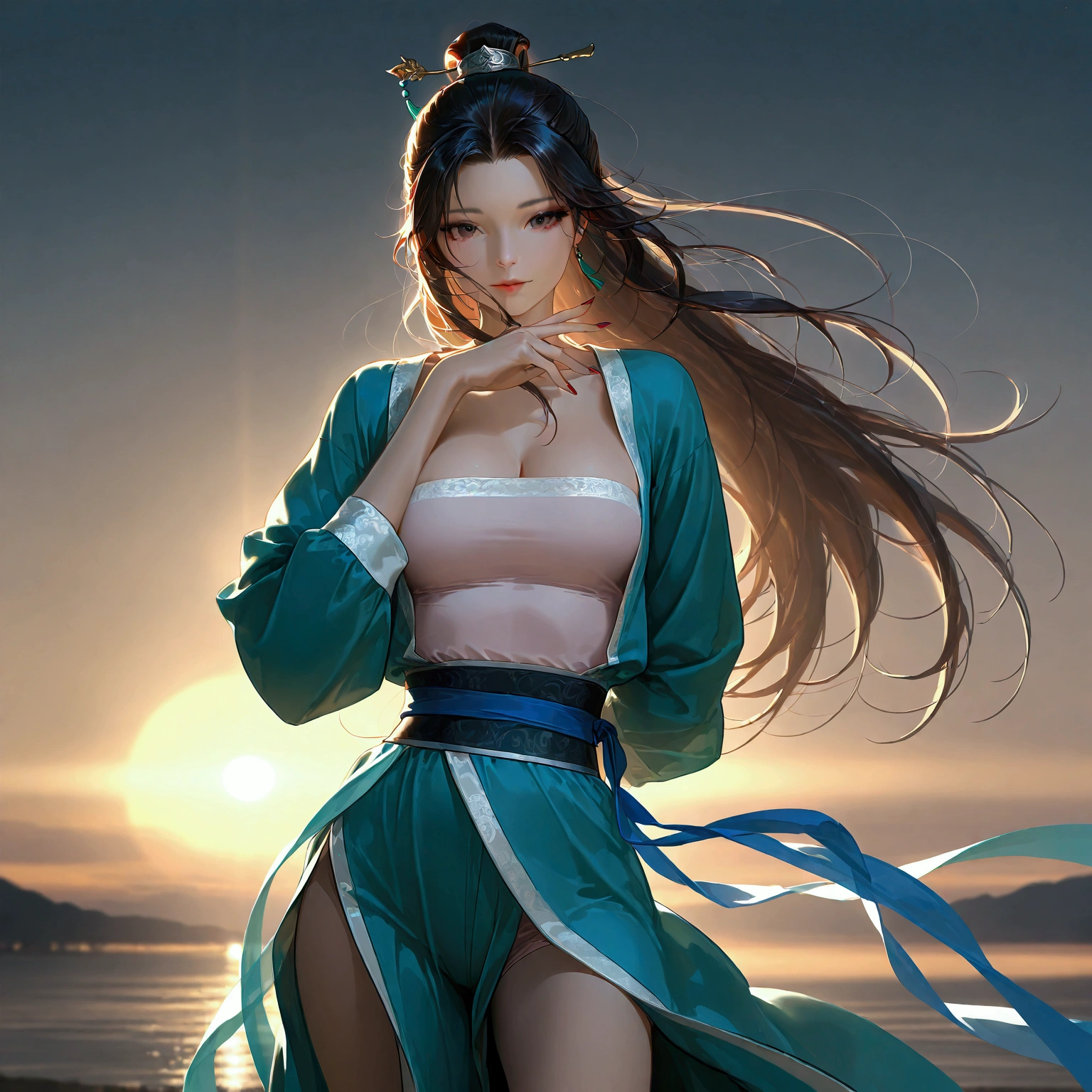 gufeng, guofeng, chinese clothes, hanfu, 1girl, solo, nail polish, from viewer,  cowboy shot, 
masterpiece, best quality, realistic, 8k, official art, cinematic light, ultra high res, perfect female body, sharp focus, 
HDR, 8k, amazing quality, very aesthetic, absurdres, newest, (volumetric lighting), photorealistic, photo background, detailed skin, detailed eyes, detailed hair, fantasy,