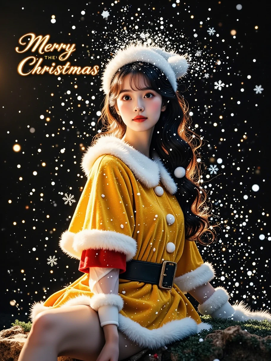  A person wearing a plush dress ， She wears a white and yellow Christmas hat，A fantasy wonderland， Romantic and beautiful， The color of the hat is the main ， And the brim of the hat is furry， The character's hair is black and long curly， There is a text "MERRY CHRISTMAS" in the upper left corner， and the subtitle says “PHOTO /RECORD/2025， Small English letters at the bottom of the picture， Movie poster poster design text information description layout，Abstract Art，A sense of haze，Blur blur， minimalism，Mystery，A sense of haze，Lots of white space，Half-length close-up，Overexposure，Blurred exposure，+Light and Shadow Art，Oriental Aesthetics，Particle light spot ，Neutral gray， High-grade gray atmosphere， Surrealism ，Real person portrait， The background uses dynamic blur， Motion blur effect， pure black background 