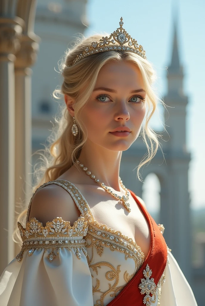 (Masterpiece: 1.2, Best Quality), Realistic, (Realistic Picture, Complex Details, Depth of Field), Best Quality, Masterpiece, Highly Detailed, Semi Realistic, 1 Girl, Mature Female, 2, Blond Hair, Shoulder length Short Hair, Left Eye Covered with Hair, Blue Eyes, King's Clothes, Red Cloak, Slim Figure, Crown Made of Precious Gold, Reading Documents, Marking Documents, Goose Hair Pen, Office Table, Soft Bench, Palace, In the palace, during the Middle Ages