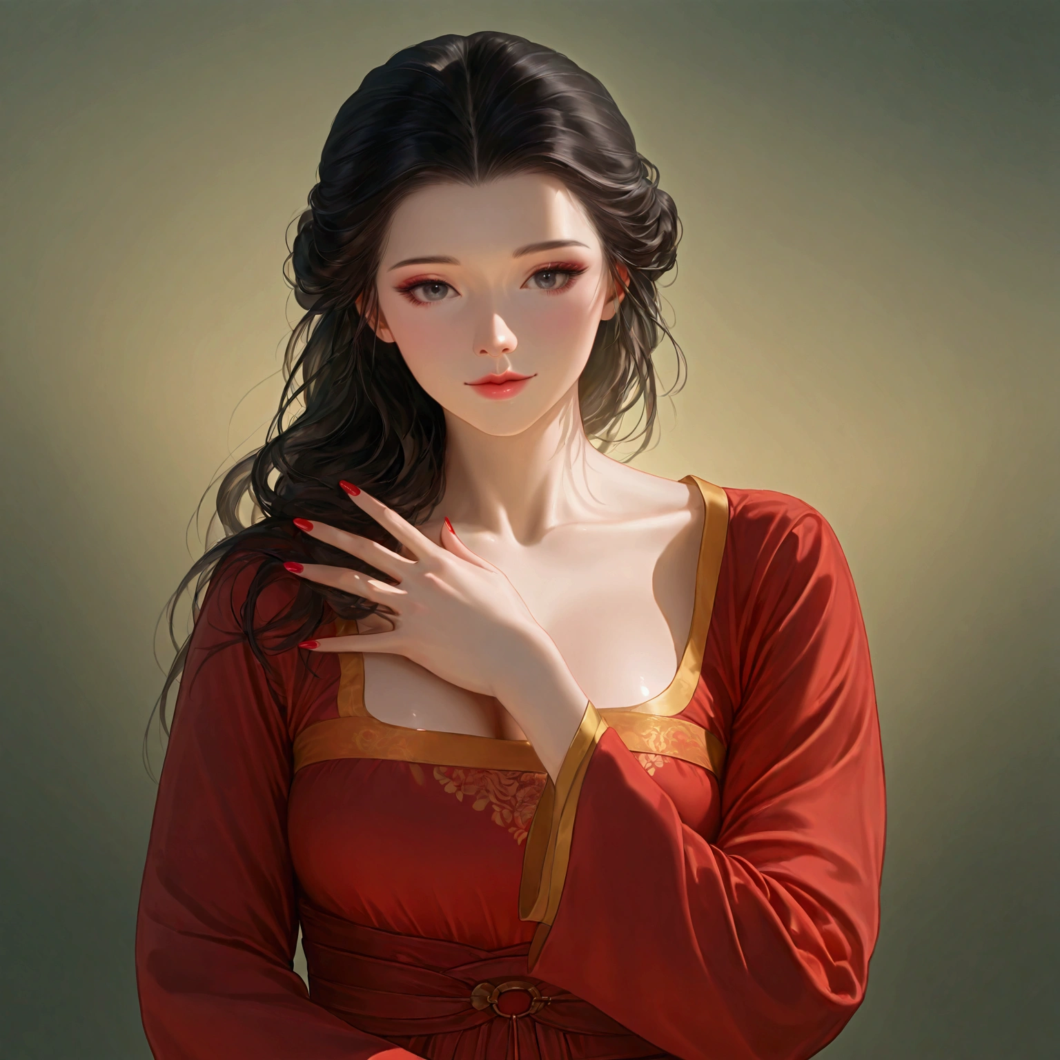 gufeng, guofeng, chinese clothes, hanfu, 1girl, solo, nail polish,
masterpiece, best quality, realistic, 8k, official art, cinematic light, ultra high res, perfect female body, sharp focus, 
HDR, 8k, amazing quality, very aesthetic, absurdres, newest, (volumetric lighting), photorealistic, photo background, detailed skin, detailed eyes, detailed hair, fantasy,