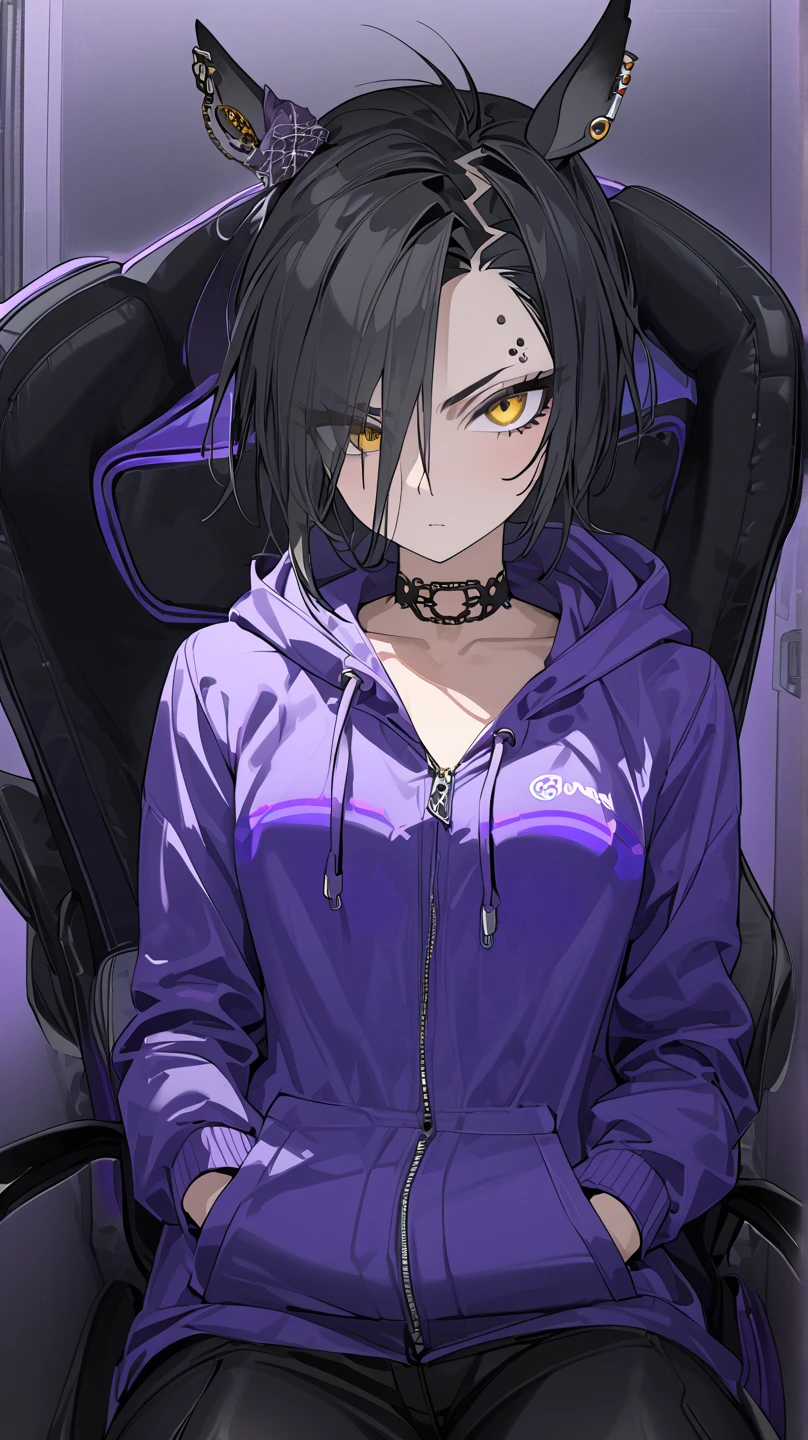  top quality , masterpiece,  High Definition ,  Ultra Fine,  High Details, accurate, masterpiece, 

 Shakur  \(Horse Girl\),
Her room(Server Room), Gaming Chair, Computer ,2 piercings on the left eyebrow ,Late teens( high school girl), mature vibe
Choker , look,Girl in a loungewear ( purple hoodie , Korean-style black shorts ),medium height ,Mature atmosphere, cool women, cool woman , slender , slender body ,adult woman
One girl , solo, Horse ears,, golden eyes,  beautiful skin in NFSW, flat chest, black hair, closeup ,Golden Eyes, flat chest,Amazing small breasts, poor eyesight ,
 Gaming Chairに座る, Gaming Chairに座ってくつろいでいる,Put your hands in the hoodie , Put both hands in pockets, Gaming Chairに座っている彼女を見上げるアングル, lower angle , angle from below, angle where viewers look up at her from below ,  protrudes from the screen,  she looks down on her viewers,Let her zoom 