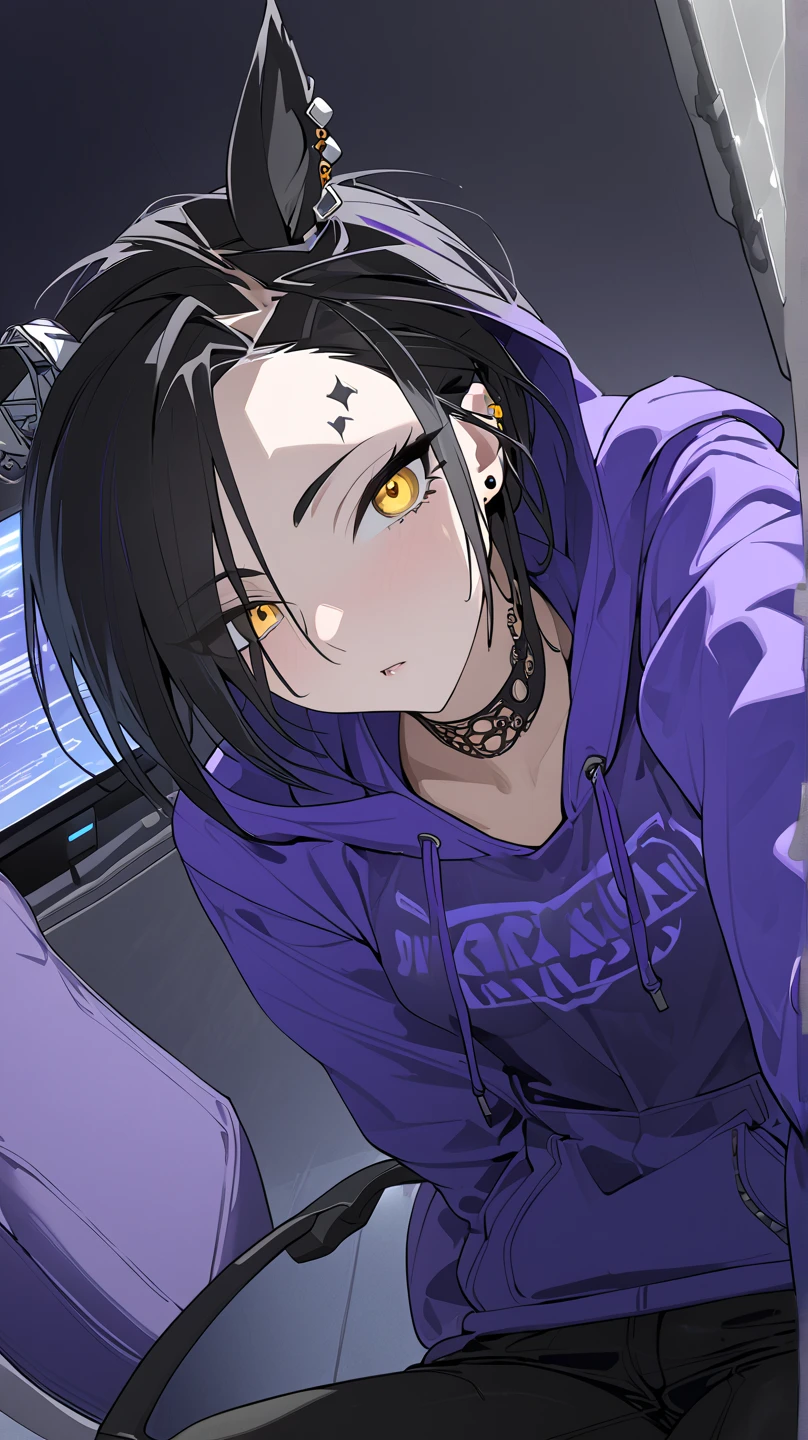  top quality , masterpiece,  High Definition ,  Ultra Fine,  High Details, accurate, masterpiece, 

 Shakur  \(Horse Girl\),
Her room(Server Room), Gaming Chair, Computer ,2 piercings on the left eyebrow ,Late teens( high school girl), mature vibe
Choker , look,Girl in a loungewear ( purple hoodie , Korean-style black shorts ),medium height ,Mature atmosphere, cool women, cool woman , slender , slender body ,adult woman
One girl , solo, Horse ears,, golden eyes,  beautiful skin in NFSW, flat chest, black hair, closeup ,Golden Eyes, flat chest,Amazing small breasts, poor eyesight ,
 Gaming Chairに座る, Gaming Chairに座ってくつろいでいる,Put your hands in the hoodie , Put both hands in pockets, Gaming Chairに座っている彼女を見上げるアングル, lower angle , angle from below, angle where viewers look up at her from below ,  protrudes from the screen,  she looks down on her viewers,Let her zoom 