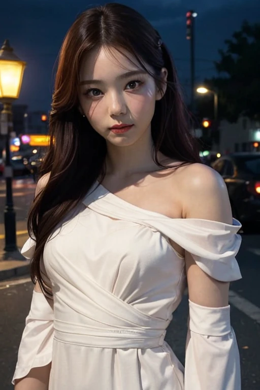 masterpiece,  top quality ,  ultra detail ,   Ultra High Resolution, (photo realistic :1.4),  RAW photos , ( realistic :0.2), 8K HDR,  realistic  cool temperature lighting, (:0.2),  One girl , Alone, Asymmetric hair ,  outdoors on the street at night, day, ( simple background:1.2), Bokeh, ( detailed lips ), (Fine pores), ( pinkish detailed skin texture), ( detailed face :1.2), ( upper body、 small breasts、勃起した乳首:1.2), white off-the-shoulder see-through dress for women,  promotional image ,  Character Portraits ,