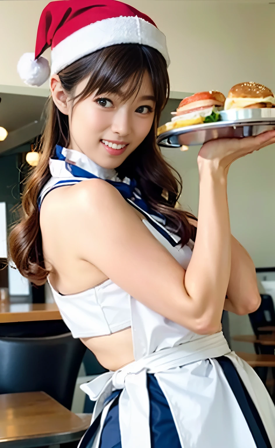 A bikini girl waitress in a diner, light blue hat, wrist cuffs, detached collar, bowtie, necklace, light blue bikini:1.7, holding plate with food, 8k, insane quality, high detail, colossal tits:1.2, (seductive,playful,smiling:1.2) 