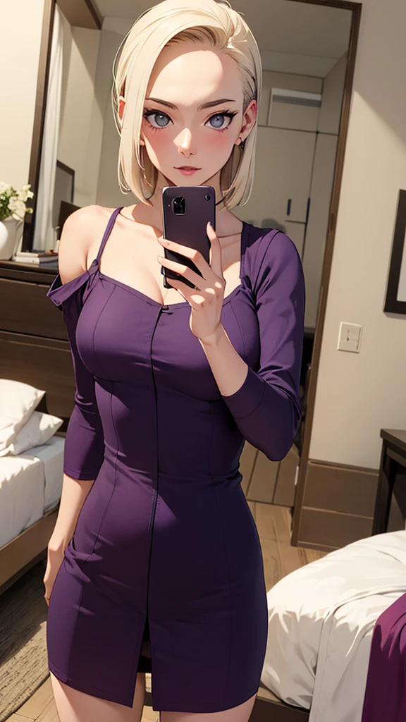 (( better quality)), (( masterpiece)), ((Detailed)), Perfect face, Yamanaka Ino,tight purple dress,  in the room, bed, Do you take a selfie in the mirrorAlta resolución, Obra maestra, Preciso, La mejor calidad, Piel texturizada